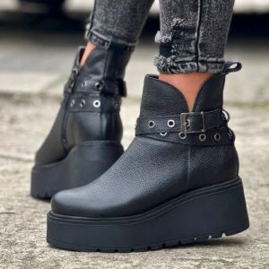 Lekkie botki ZOELLE BLACK GRAIN na podeszwie typu platform skóra naturalna