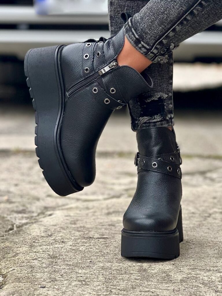 Lekkie botki ZOELLE BLACK GRAIN na podeszwie typu platform skóra naturalna - obrazek 9