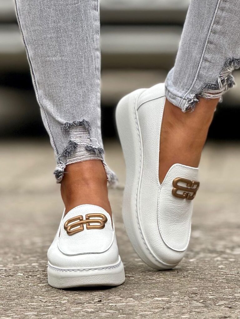 Slip'ony mokasyny na wyższej podeszwie KAZADII BERCELLO WHITE skóra naturalna - obrazek 4
