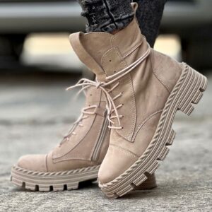Ultralekkie botki na traperkowej podeszwie MAKANDA beige skóra naturalna