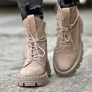 Ultralekkie botki na traperkowej podeszwie MAKANDA beige skóra naturalna