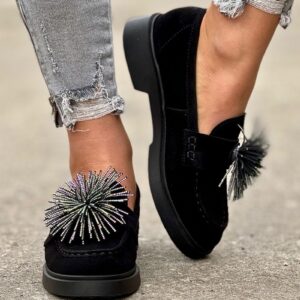 Eleganckie półbuty/mokasyny z pomponem VERNE BLACK skóra naturalna