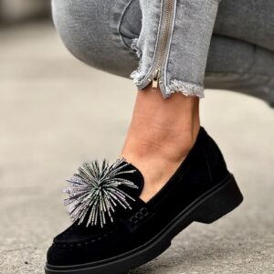 Eleganckie półbuty/mokasyny z pomponem VERNE BLACK skóra naturalna