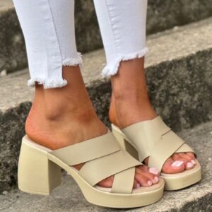 Lekkie klapki na obcasie KAZADII TULUM BEIGE skóra naturalna