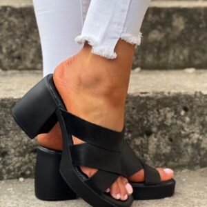 Lekkie klapki na obcasie KAZADII TULUM BLACK skóra naturalna