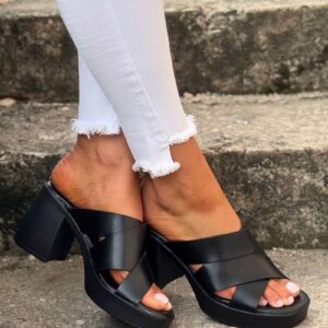 Lekkie klapki na obcasie KAZADII TULUM BLACK skóra naturalna