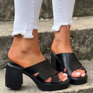 Lekkie klapki na obcasie KAZADII TULUM BLACK skóra naturalna