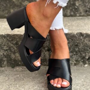 Lekkie klapki na obcasie KAZADII TULUM BLACK skóra naturalna