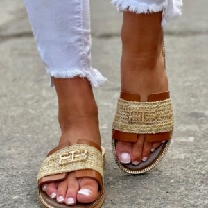 Modne stylowe klapki KAZADII PALOMA CAMEL skóra naturalna
