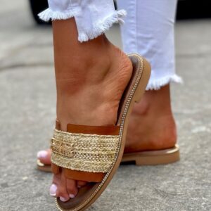 Modne stylowe klapki KAZADII PALOMA CAMEL skóra naturalna