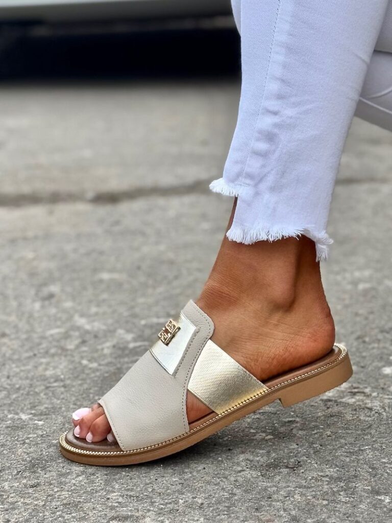 Stylowe klapki KAZADII MICHAELLE SLIDES BEIGE skóra naturalna - obrazek 6