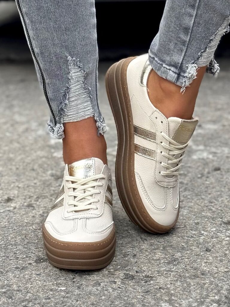 Modne trampki KAZADII BARCELONA BEIGE GOLD skóra naturalna - obrazek 3