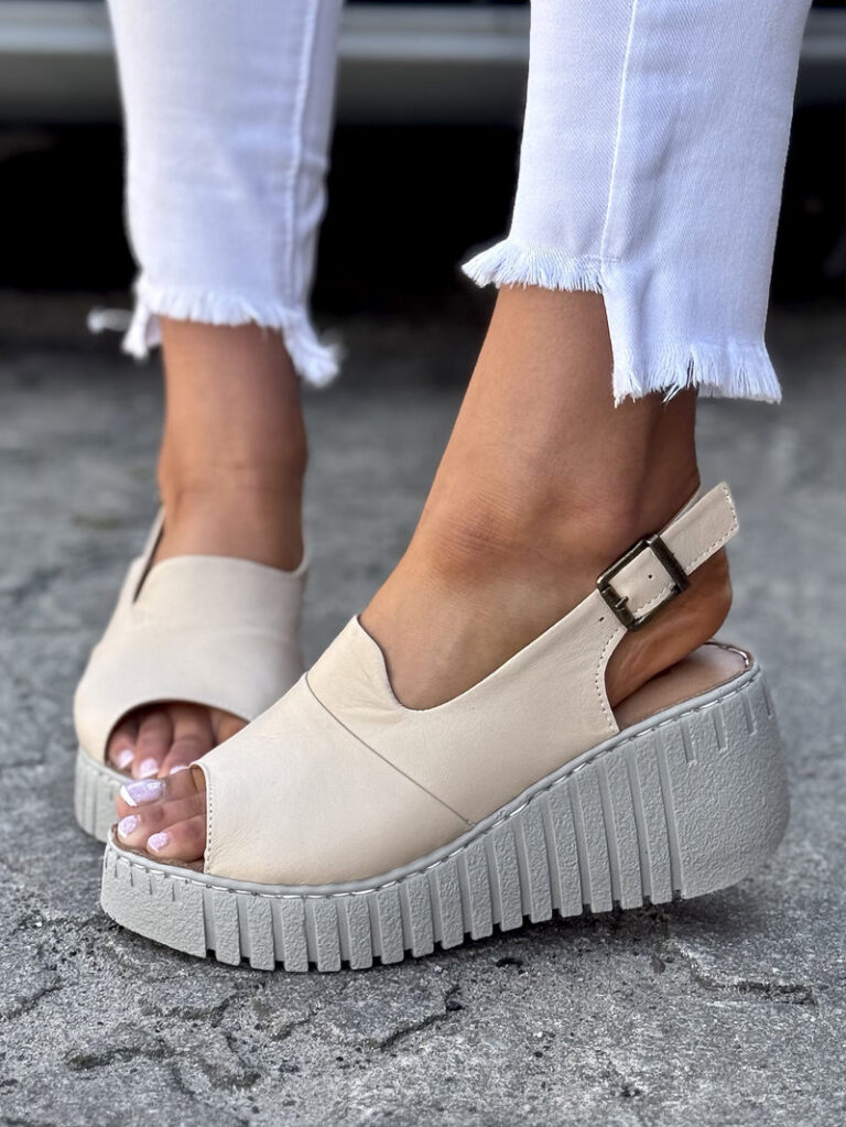 Sandały na koturnie PROVENCE BEIGE skóra naturalna - obrazek 4