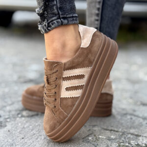 Trampki na wyższej podeszwie MIREIA CAMEL/BEIGE skóra naturalna