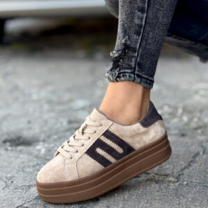 Trampki na wyższej podeszwie MIREIA BEIGE/COFFE skóra naturalna