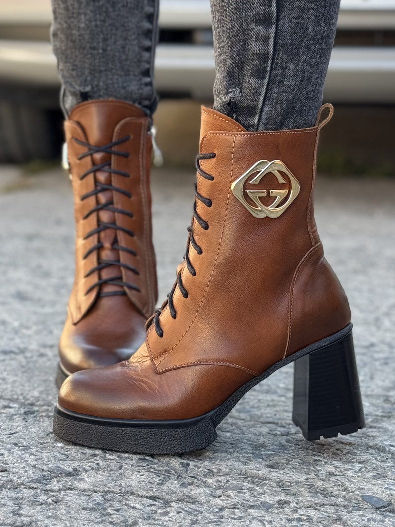 Ocieplane botki KAZADII NOELIA brąz na obcasie skóra naturalna