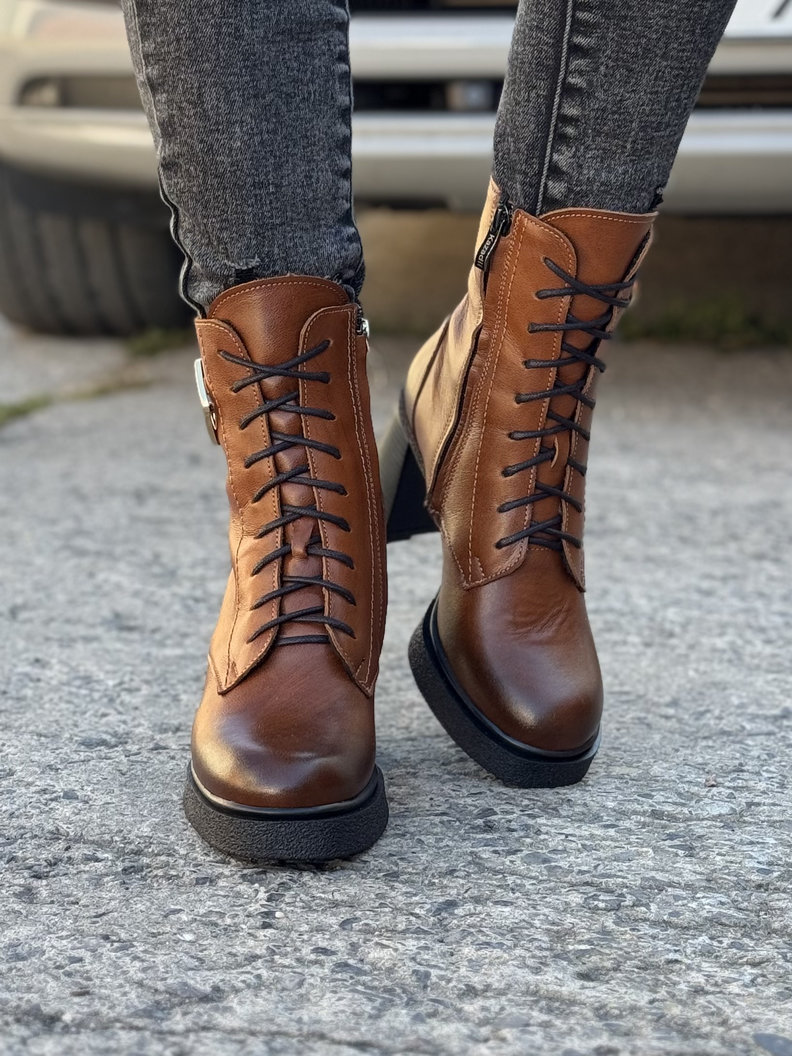 Ocieplane botki KAZADII NOELIA brąz na obcasie skóra naturalna - obrazek 5