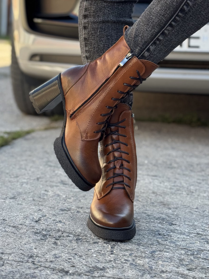 Ocieplane botki KAZADII NOELIA brąz na obcasie skóra naturalna - obrazek 3