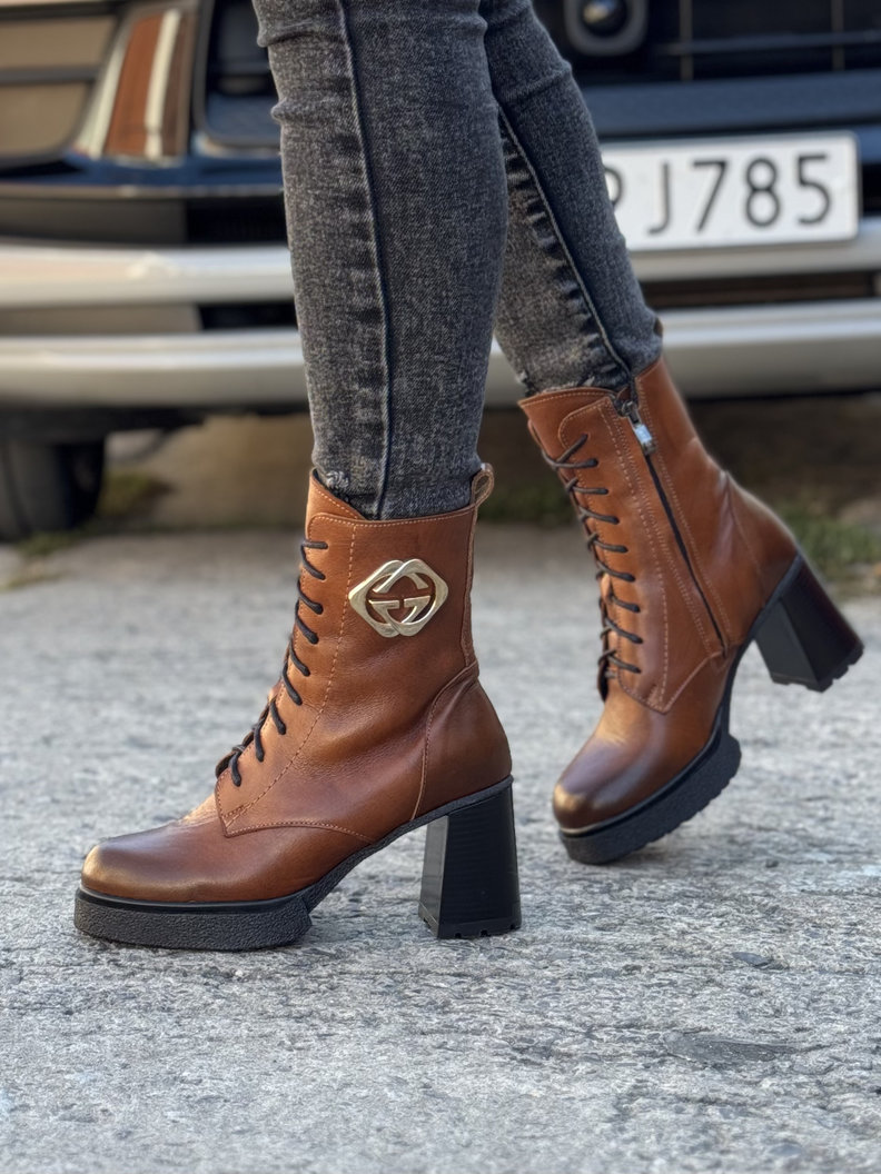 Ocieplane botki KAZADII NOELIA brąz na obcasie skóra naturalna - obrazek 7