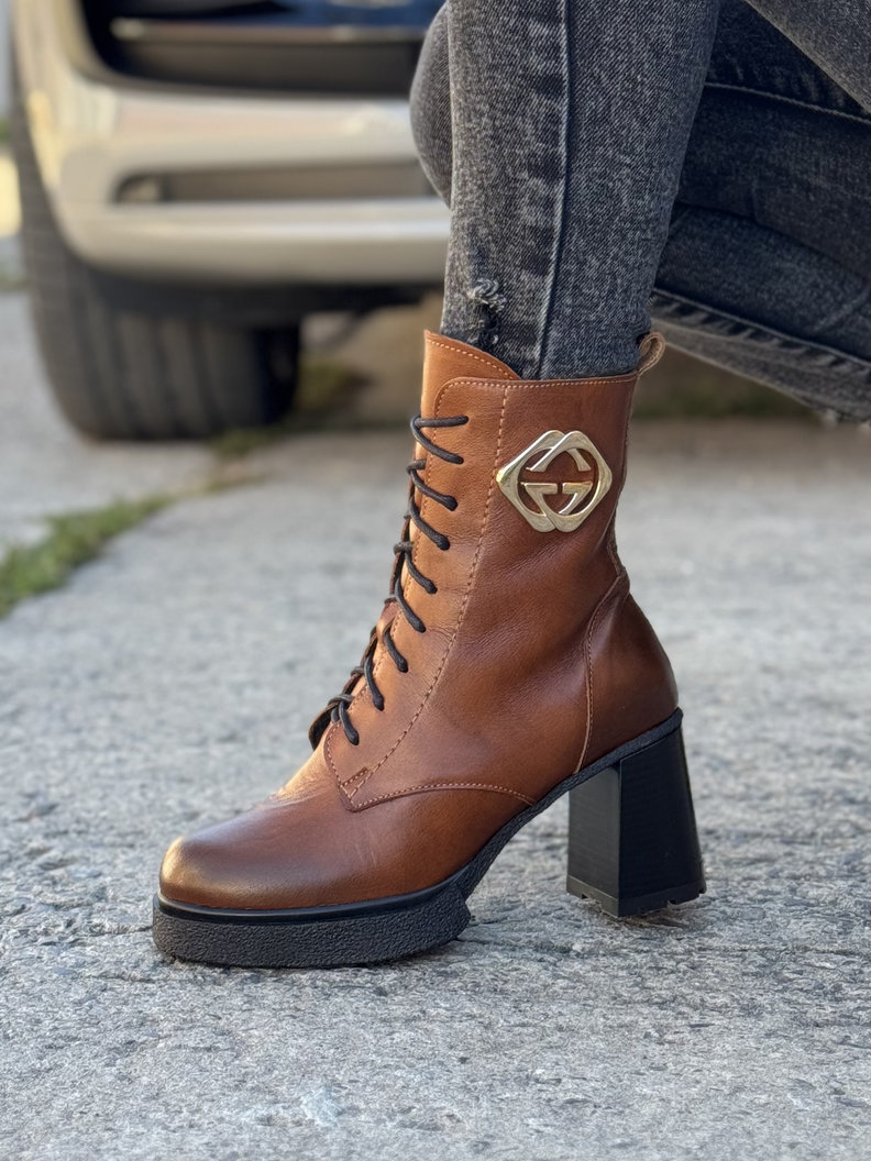 Ocieplane botki KAZADII NOELIA brąz na obcasie skóra naturalna - obrazek 8