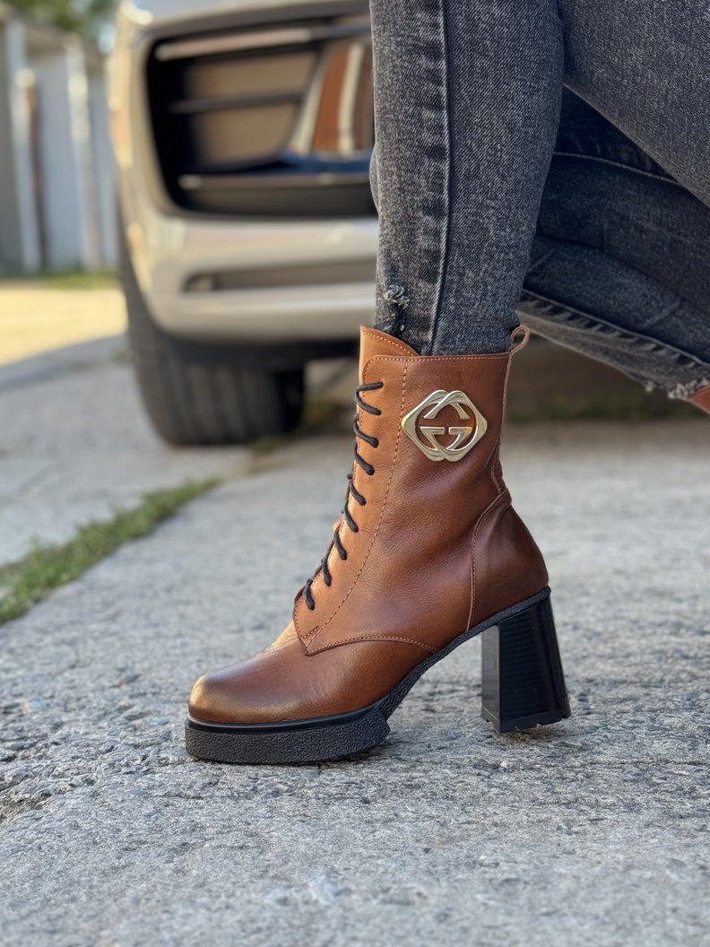 Ocieplane botki KAZADII NOELIA brąz na obcasie skóra naturalna - obrazek 9