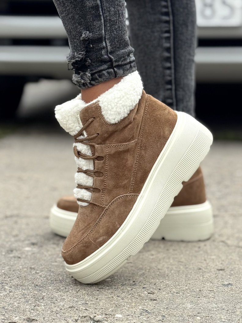 Ocieplane botki COMFORT HIGH CAMEL skóra naturalna