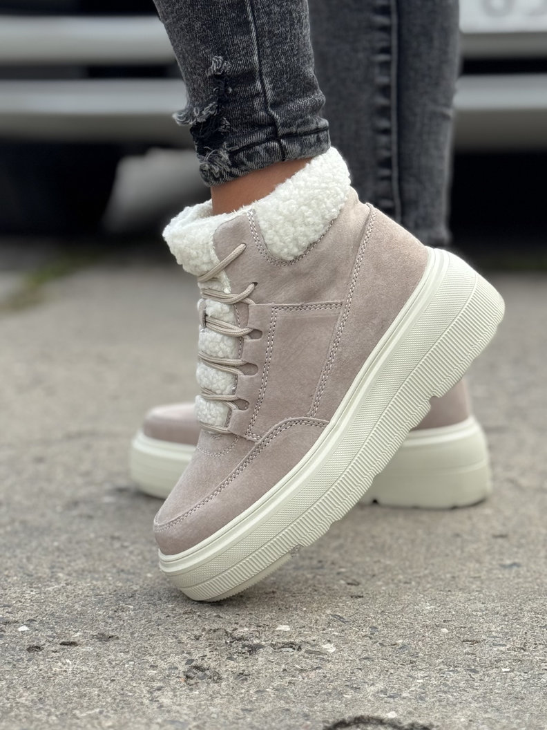 Ocieplane botki COMFORT HIGH BEŻ skóra naturalna