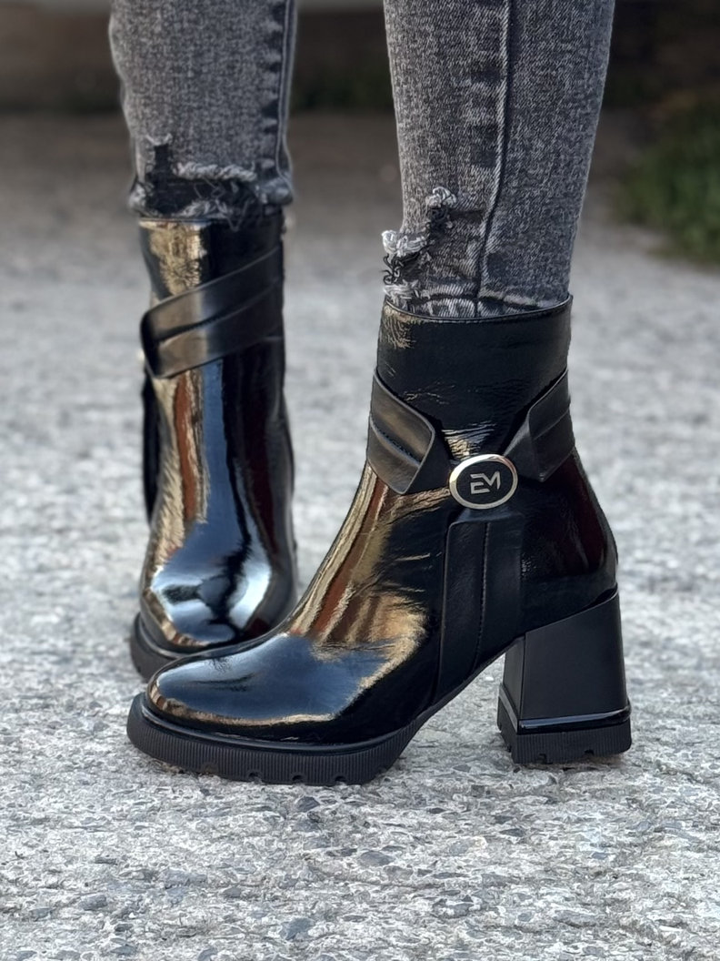 Ocieplane botki FLUX BLACK skóra naturalna lakier