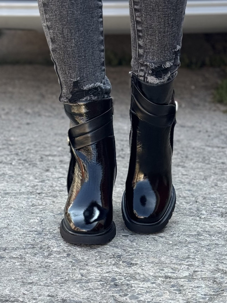 Ocieplane botki FLUX BLACK skóra naturalna lakier - obrazek 3