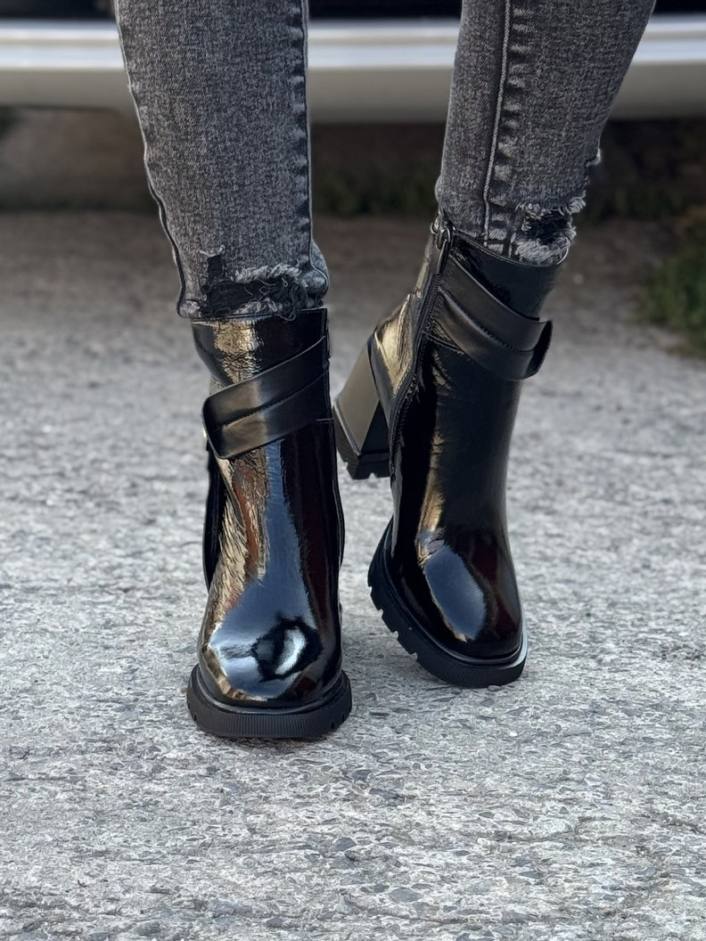 Ocieplane botki FLUX BLACK skóra naturalna lakier - obrazek 4