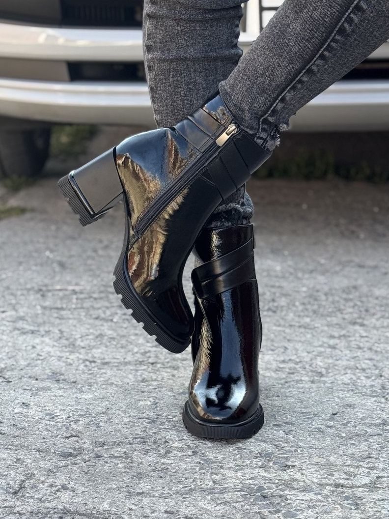 Ocieplane botki FLUX BLACK skóra naturalna lakier - obrazek 5