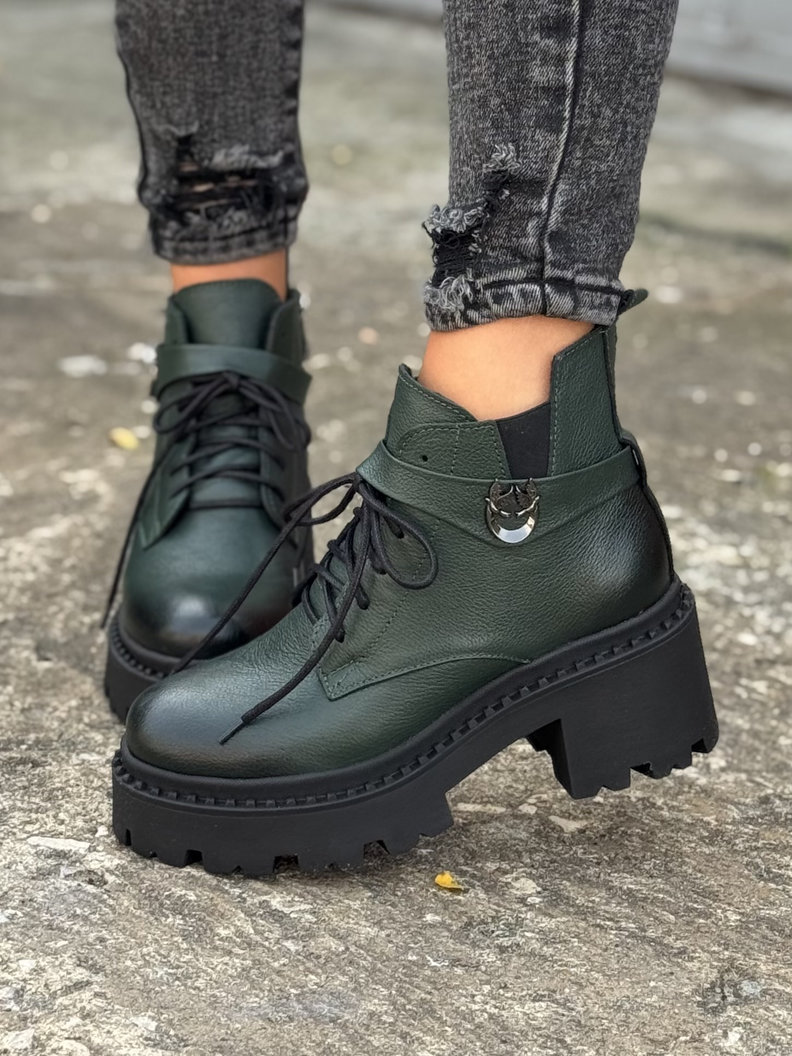 Ocieplane botki KAZADII FEMME OLIVKA na obcasie skóra naturalna