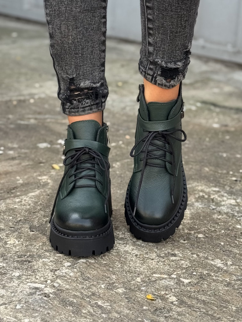 Ocieplane botki KAZADII FEMME OLIVKA na obcasie skóra naturalna - obrazek 3