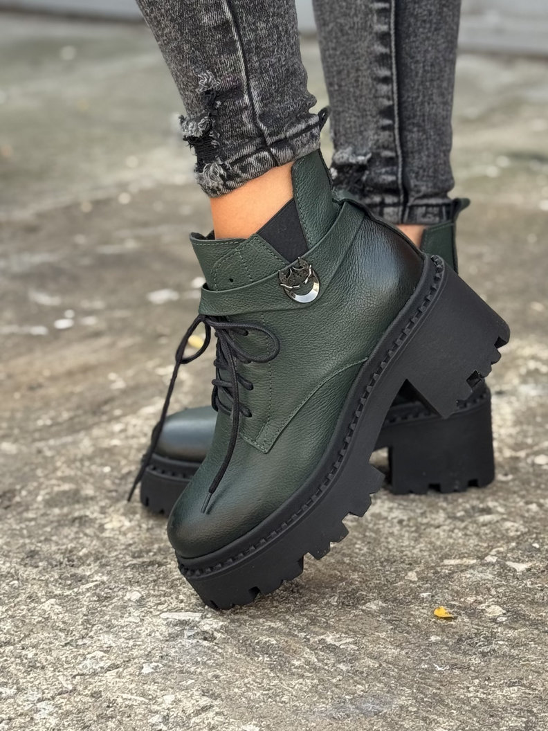 Ocieplane botki KAZADII FEMME OLIVKA na obcasie skóra naturalna - obrazek 5