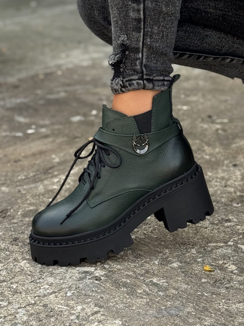 Ocieplane botki KAZADII FEMME OLIVKA na obcasie skóra naturalna - obrazek 4