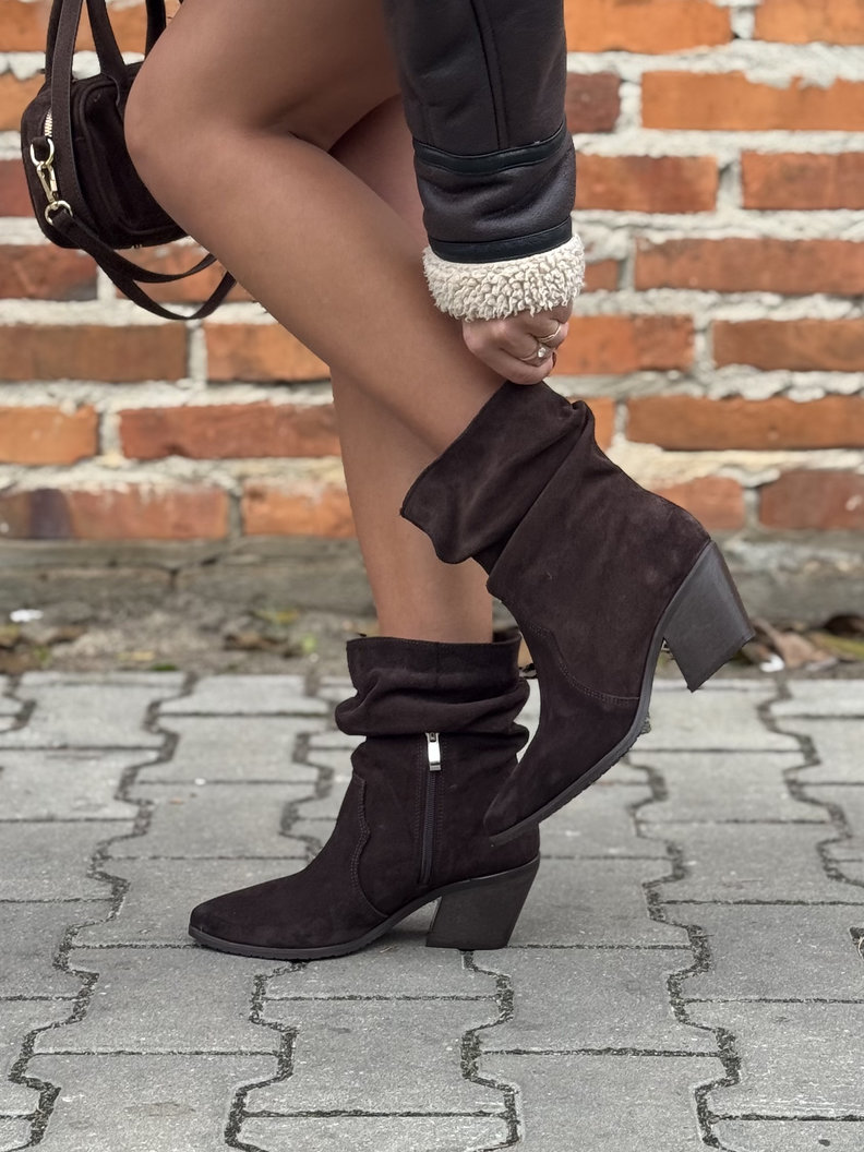 BOTKI KOWBOJKI KAZADII MANUELA CHOCO na obcasie z marszczoną cholewką skóra naturalna - obrazek 9