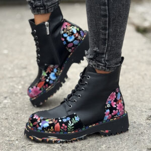 Botki RUST FLOWER BLACK MULTI na traperkowej podeszwie skóra naturalna