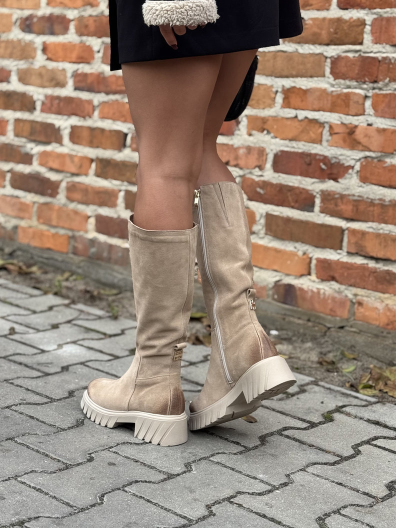 Mega lekkie botki KAZADII GEORGINA BEIGE z cholewką przed kolano skóra naturalna - obrazek 3