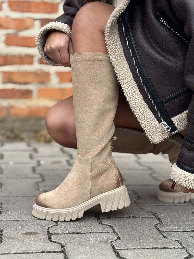Mega lekkie botki KAZADII GEORGINA BEIGE z cholewką przed kolano skóra naturalna - obrazek 7