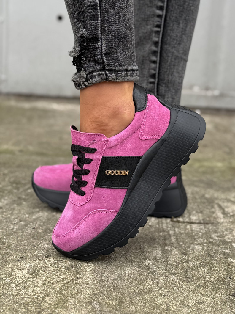 Lekkie jak piórko sneakersy SAVIA PURPLE/BLACK na wyższej podeszwie skóra naturalna - obrazek 5