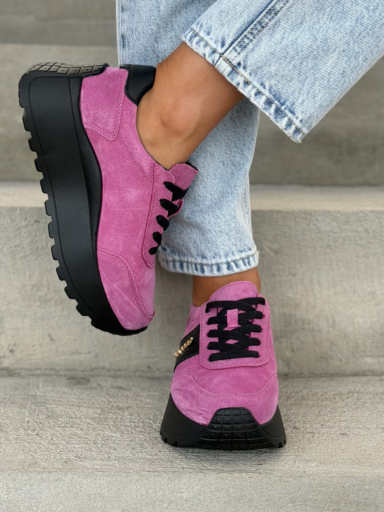 Lekkie jak piórko sneakersy SAVIA FUXIA BLACK na wyższej podeszwie skóra naturalna - obrazek 6