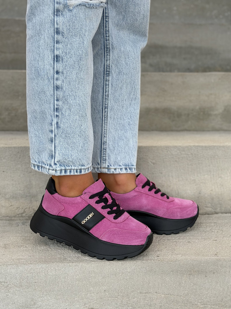 Lekkie jak piórko sneakersy SAVIA FUXIA BLACK na wyższej podeszwie skóra naturalna - obrazek 3