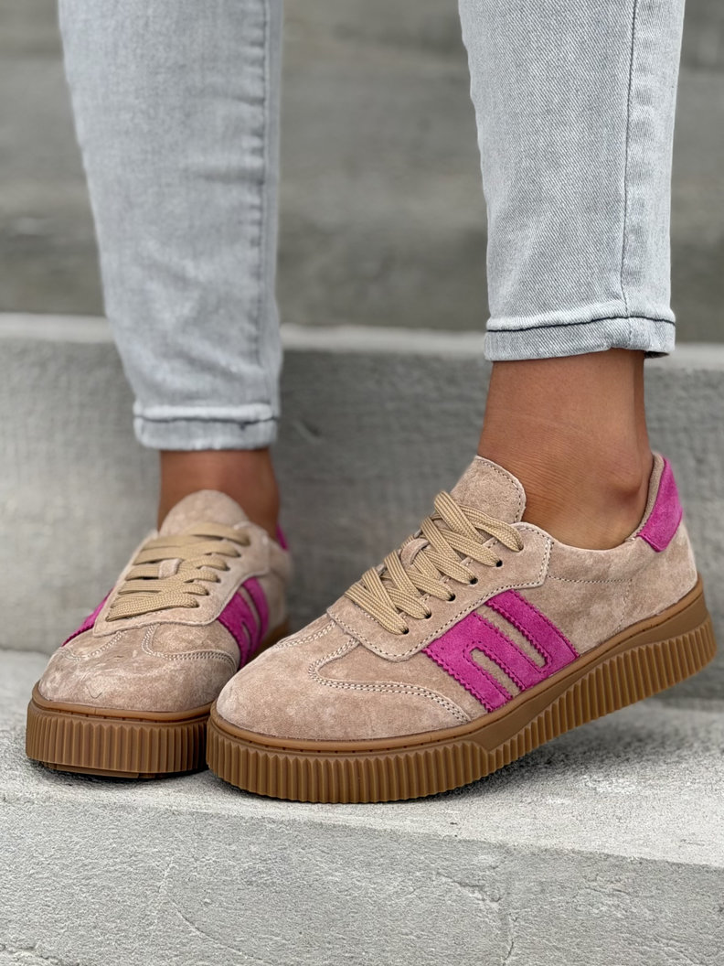Trampki skórzane na podeszwie 4cm VENI BEIGE FUXIA - obrazek 9