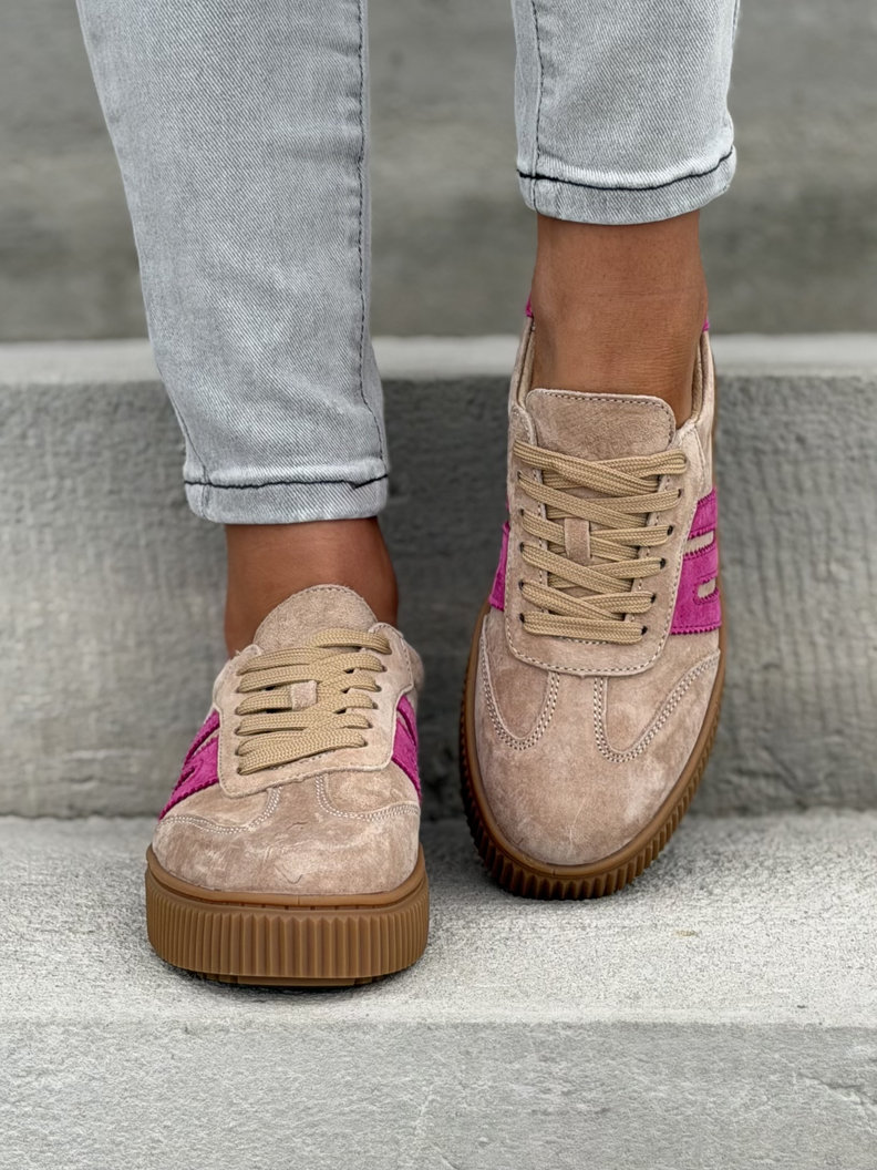 Trampki skórzane na podeszwie 4cm VENI BEIGE FUXIA - obrazek 3