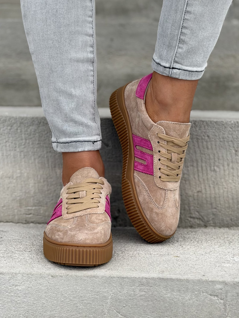 Trampki skórzane na podeszwie 4cm VENI BEIGE FUXIA - obrazek 4