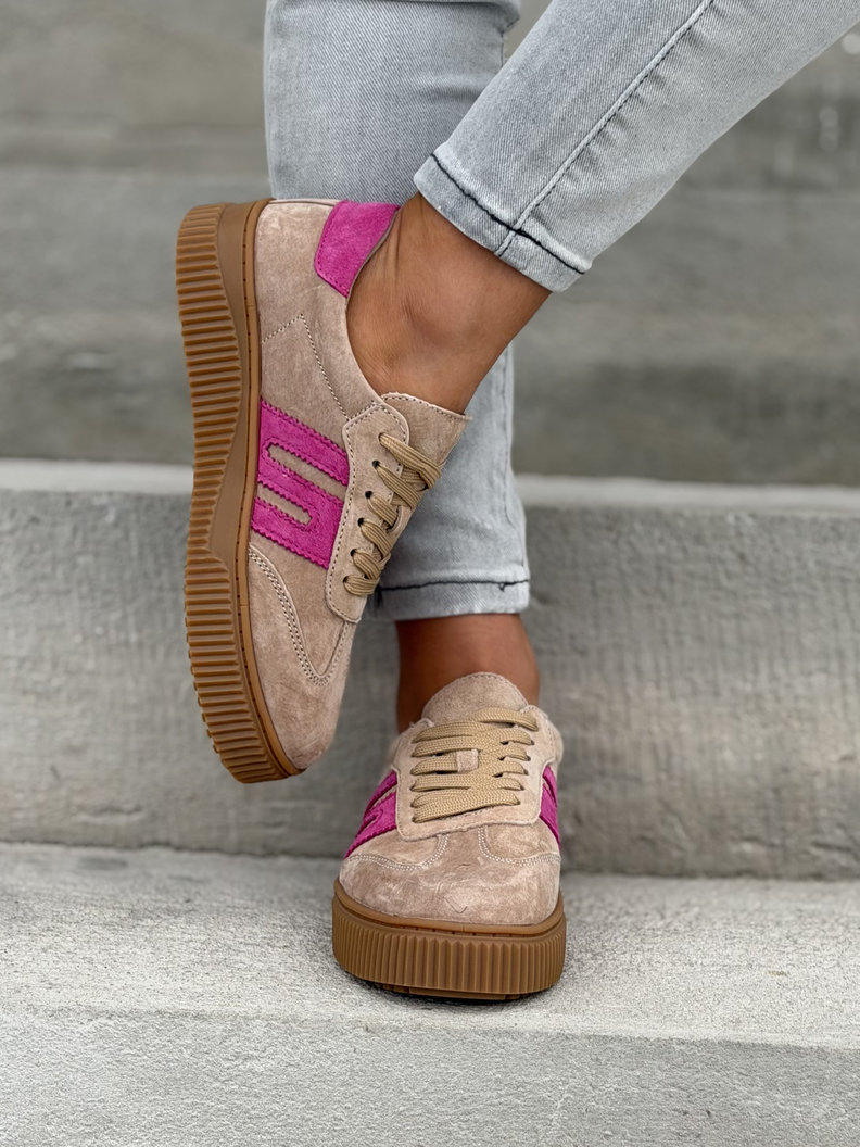 Trampki skórzane na podeszwie 4cm VENI BEIGE FUXIA - obrazek 5