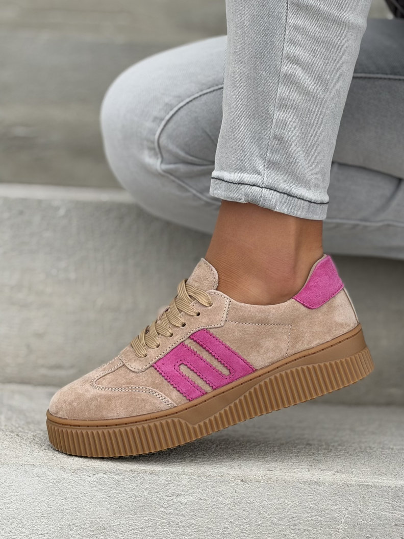 Trampki skórzane na podeszwie 4cm VENI BEIGE FUXIA - obrazek 6