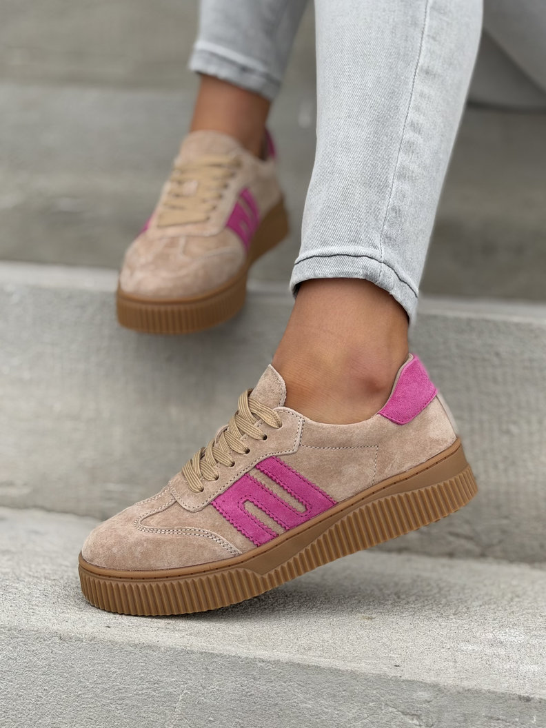 Trampki skórzane na podeszwie 4cm VENI BEIGE FUXIA - obrazek 7