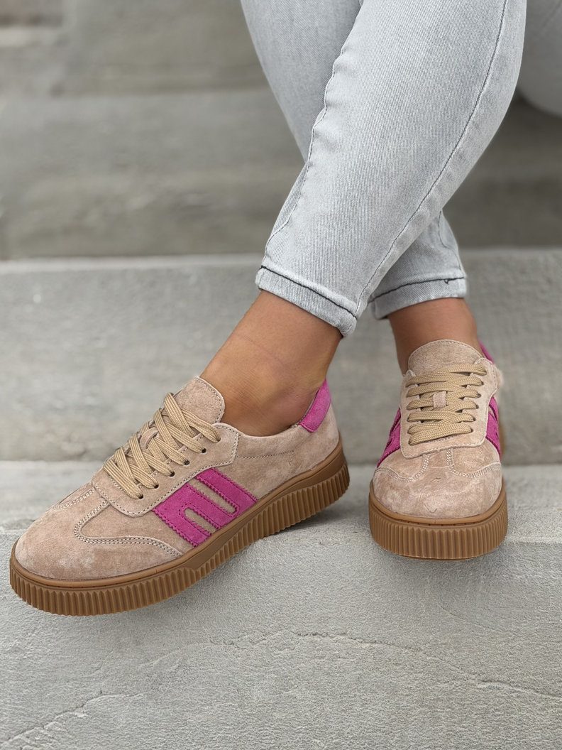 Trampki skórzane na podeszwie 4cm VENI BEIGE FUXIA - obrazek 8