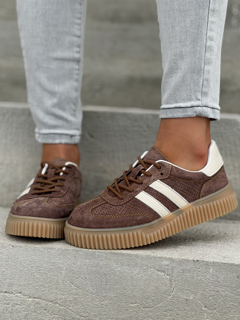 Wygodne trampki SUMMER WALK BRĄZ BEŻ na wyższej podeszwie ze skóry naturalnej - obrazek 8